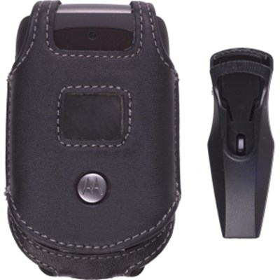 Motorola Compatible Premium Black Leather Case With Swivel Clip   375142