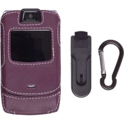 Motorola Compatible Leather Clip-on Case with Ratcheting Belt Clip and Karabiner - Plum  443936