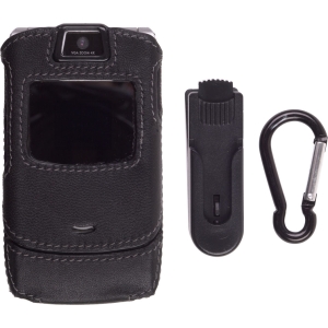 Motorola Compatible Leather Clip-on Case with Ratcheting Belt Clip and Karabiner - Black   448938