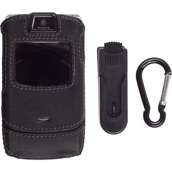 Motorola Compatible Leather Clip-on Case with Ratcheting Belt Clip and Karabiner - Black   448938
