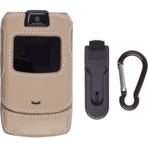 Motorola Compatible Leather Clip-on Case with Ratcheting Belt Clip and Karabiner - Sahara Tan   483943