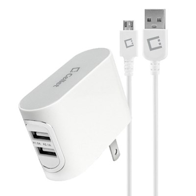 Cellet Dual Port Micro Usb Travel Charger Adapter With Folding Charger Blades 2.1 Amp - White  TCMICRONBA