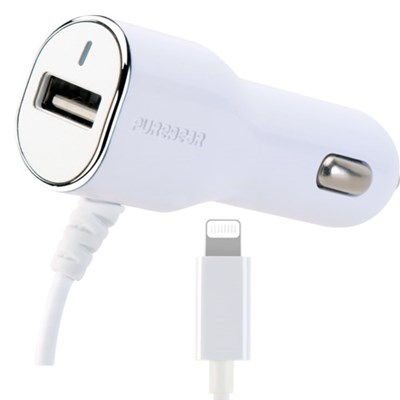 Puregear 2 amp Lightning Car Charger with USB Port - White