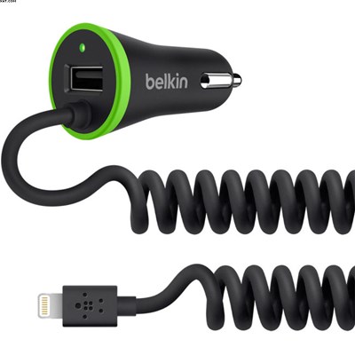 Belkin Boost Up  Captive Coiled Car Charger For Apple Lightning Devices - With Additional Usb Port - 17w/ 3.4a - Black