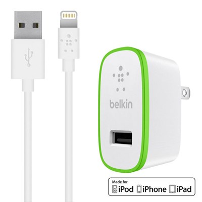 Apple Compatible Belkin Boostup 2.4 amp Travel Charger Adapter With 4 Ft Lightning Cable - White