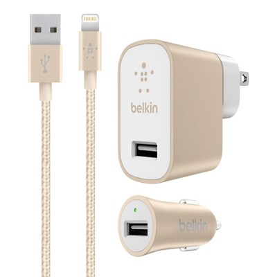 Belkin Mixit Metallic Premium Charging Kit For Apple Lightning Usb Devices (metallic Universal Car/travel Chargers With Apple Lightning Usb Cable) - 2.4a - Gold