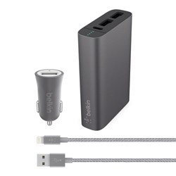 Belkin Chargemaxx 6600 Power Pack Backup Battery And Car Charger With 4 Ft Apple Lightning Cable (6600 Mah) - Metallic Gray