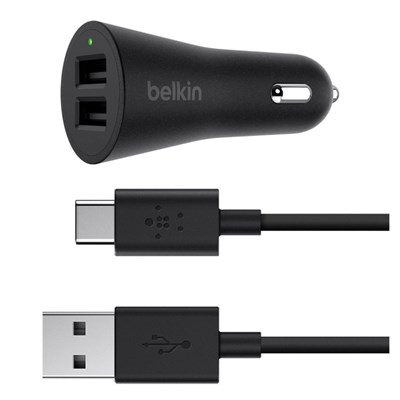 Belkin Boost Up Dual Port Usb Car Charger Adapter - Includes Usb Type A To Type C Cable - 12w Per Port / 2.4a Per Port (4.8a Total Output) - Black