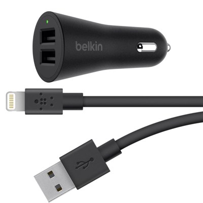 Belkin Boost Up Dual Port Usb Car Charger Adapter - Includes Lightning Cable - 12w Per Port / 2.4a Per Port (4.8a Total Output) - Black