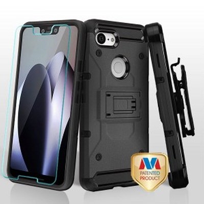 Google MyBat 3-in-1 Kinetic Hybrid Protector Cover Combo with Black Holster and Tempered Glass Screen Protector- Dark Grey and Black