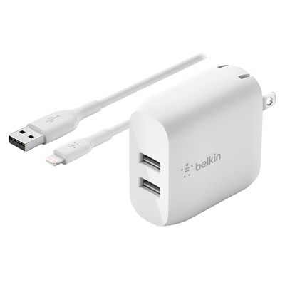 Belkin - Dual Port Usb A 24w Wall Charger With Apple Lightning Cable 3ft - White