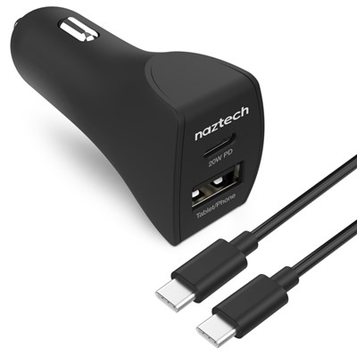 Naztech 20W USB-C PD and 12W USB Fast Car Charger with USB-C to USB-C Cable Black