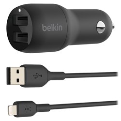 Belkin Boost Up Charge Dual Port USB-A Car Charger 24w With Apple Lightning Cable 3ft - Black