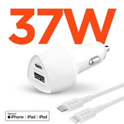 SpeedBoost 25W USB-C PD + 12W USB Fast Car Charger with PPS | 4ft MFi Lightning Cable | White