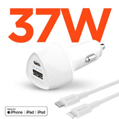 SpeedBoost 25W USB-C PD + 12W USB Fast Car Charger with PPS | 4ft MFi Lightning Cable | White