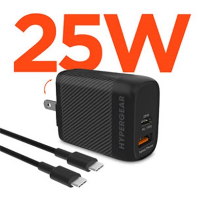 SpeedBoost 25W USB-C PD + 12W USB Fast Wall Charger with PPS | 6ft USB-C Cable | Black
