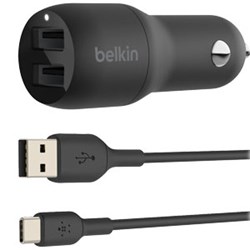 Belkin Dual Port USB-A Car Charger 24w With USB-A To USB-C Cable 3ft - Black