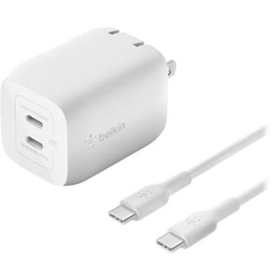 Belkin - 65W Dual USB C GaN Wall Charger with PPS and USB C to USB C Cable - White