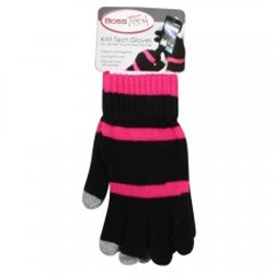 Boss Tech Touch Screen Gloves - Black Glove with Pink Stripes and Gray Tips  GLOVESTRIPEPKBK